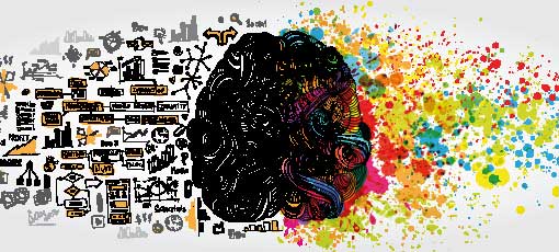 Das Konzept des menschlichen Gehirns links rechts. Kreativteil und logischer Teil mit Sozial- und Geschäftsdoodle